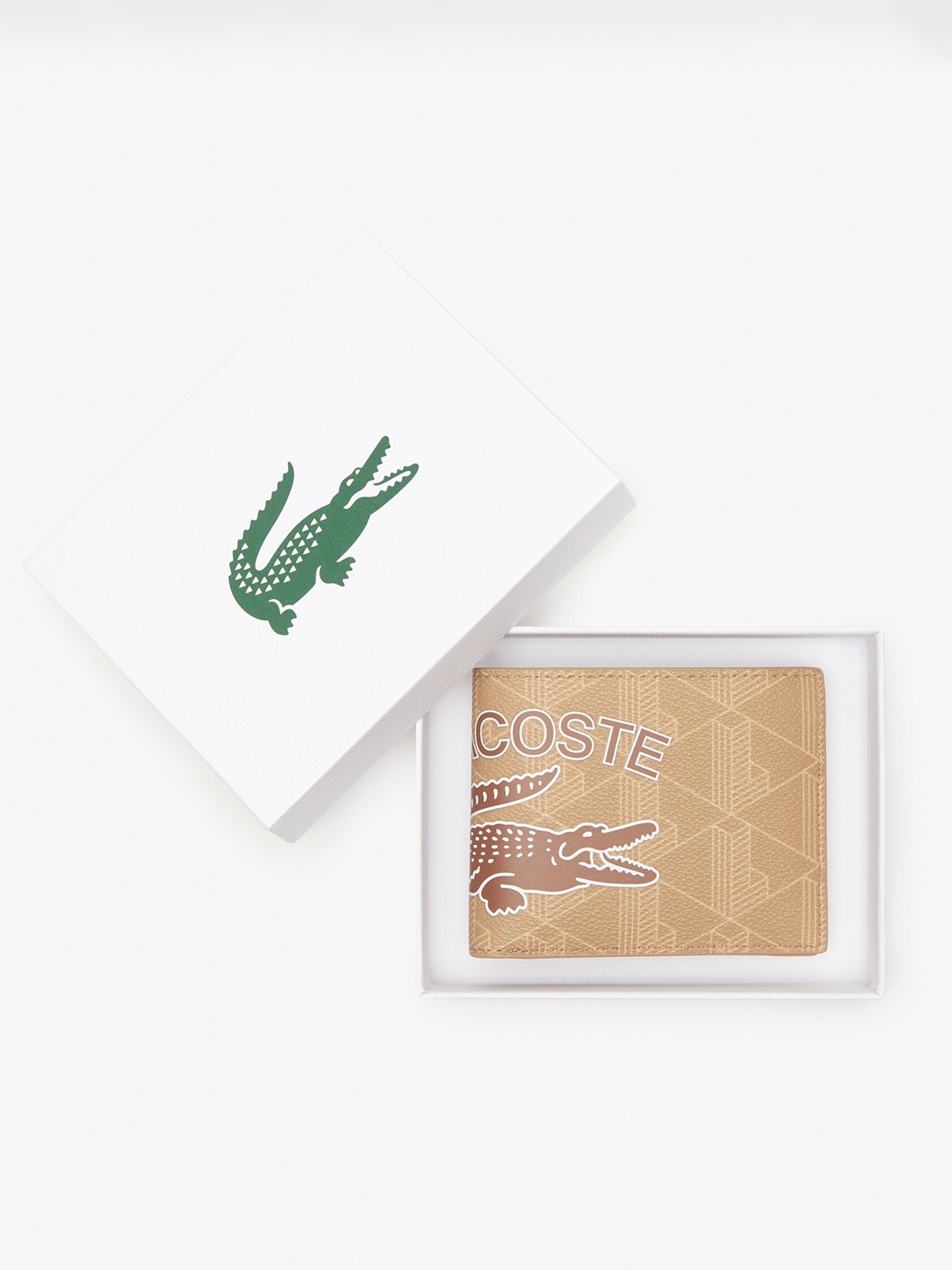 Lacoste Men Brand Logo Printed Two Fold Wallet, Beige