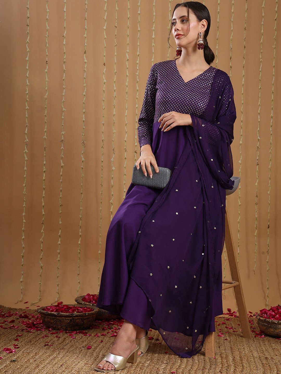 KALINI Ethnic Motifs Yoke Design Thread Work Anarkali Kurta With Trousers & Dupatta, Violet
KALINI Ethnic Motifs Yoke Design Thread Work Anarkali Kurta With Trousers & Dupatta, Violet