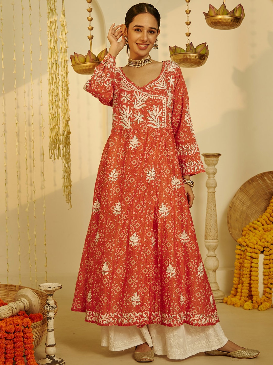 House of Chikankari Ethnic Motifs Printed Cotton Mulmul Chikankari Angrakha Anarkali Kurta, Orange
House of Chikankari Ethnic Motifs Printed Cotton Mulmul Chikankari Angrakha Anarkali Kurta, Orange