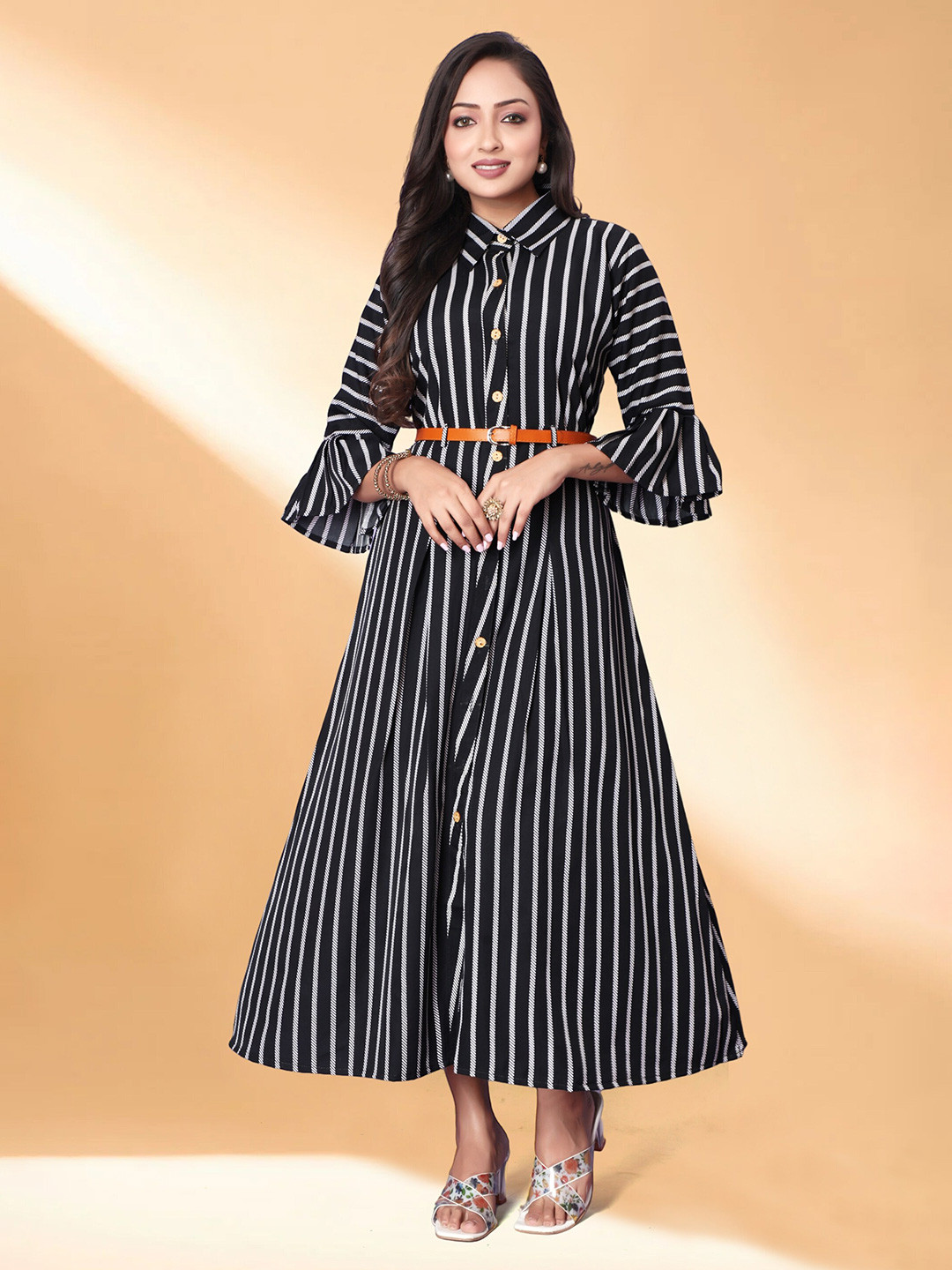Anouk Striped Gown With Belt Midi Dress, Black 
Anouk Striped Gown With Belt Midi Dress, Black