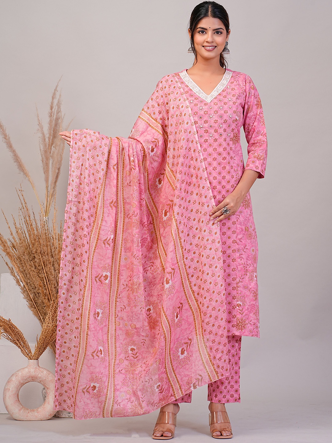 SIGNORIA Floral Printed Mirror Work Pure Cotton Straight Kurta With Trousers & Dupatta, Pink
SIGNORIA Floral Printed Mirror Work Pure Cotton Straight Kurta With Trousers & Dupatta, Pink