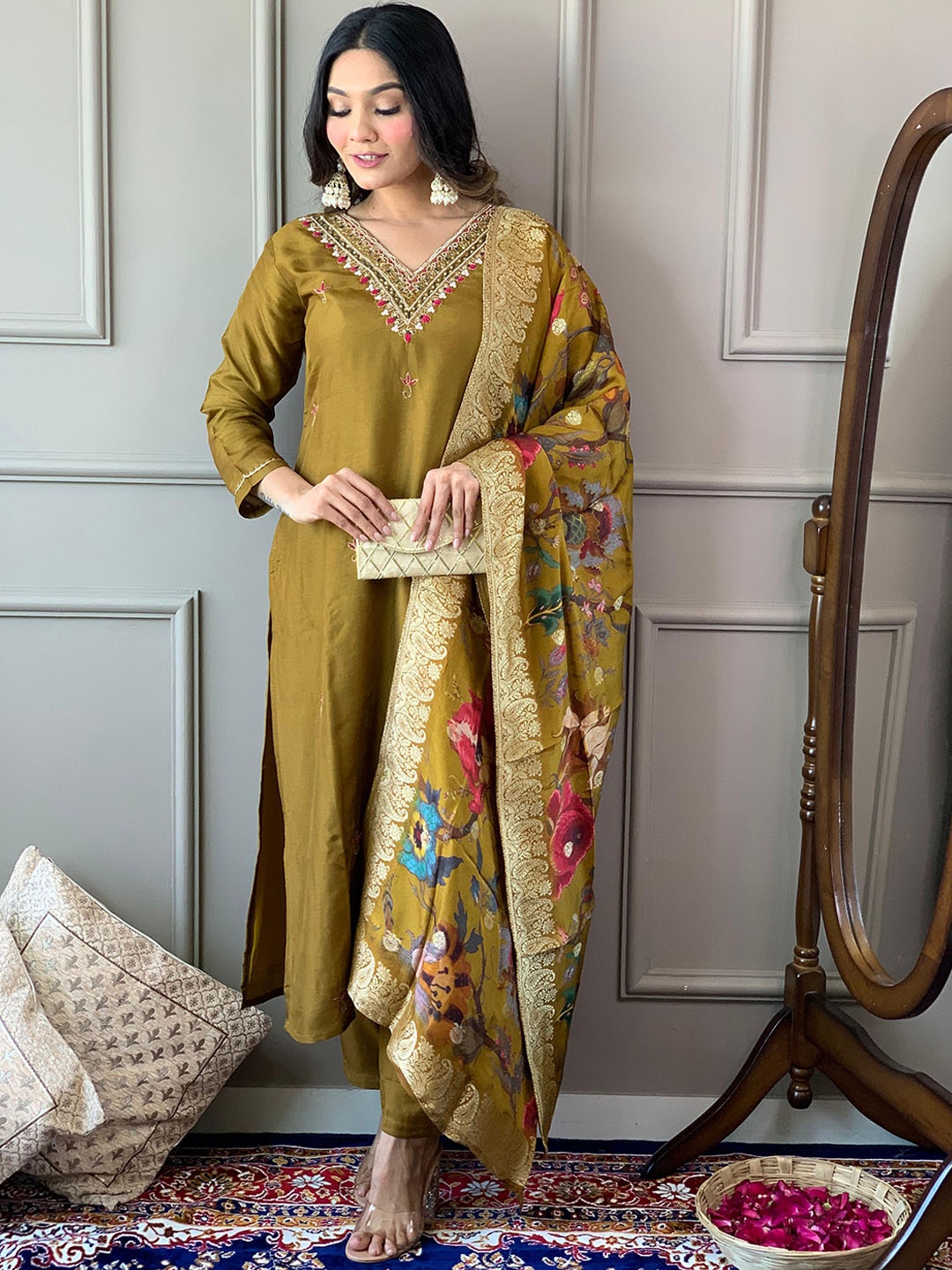 KALINI Embroidered V-Neck Sequinned Straight Kurta with Trousers & With Dupatta, Mustard
KALINI Embroidered V-Neck Sequinned Straight Kurta with Trousers & With Dupatta, Mustard