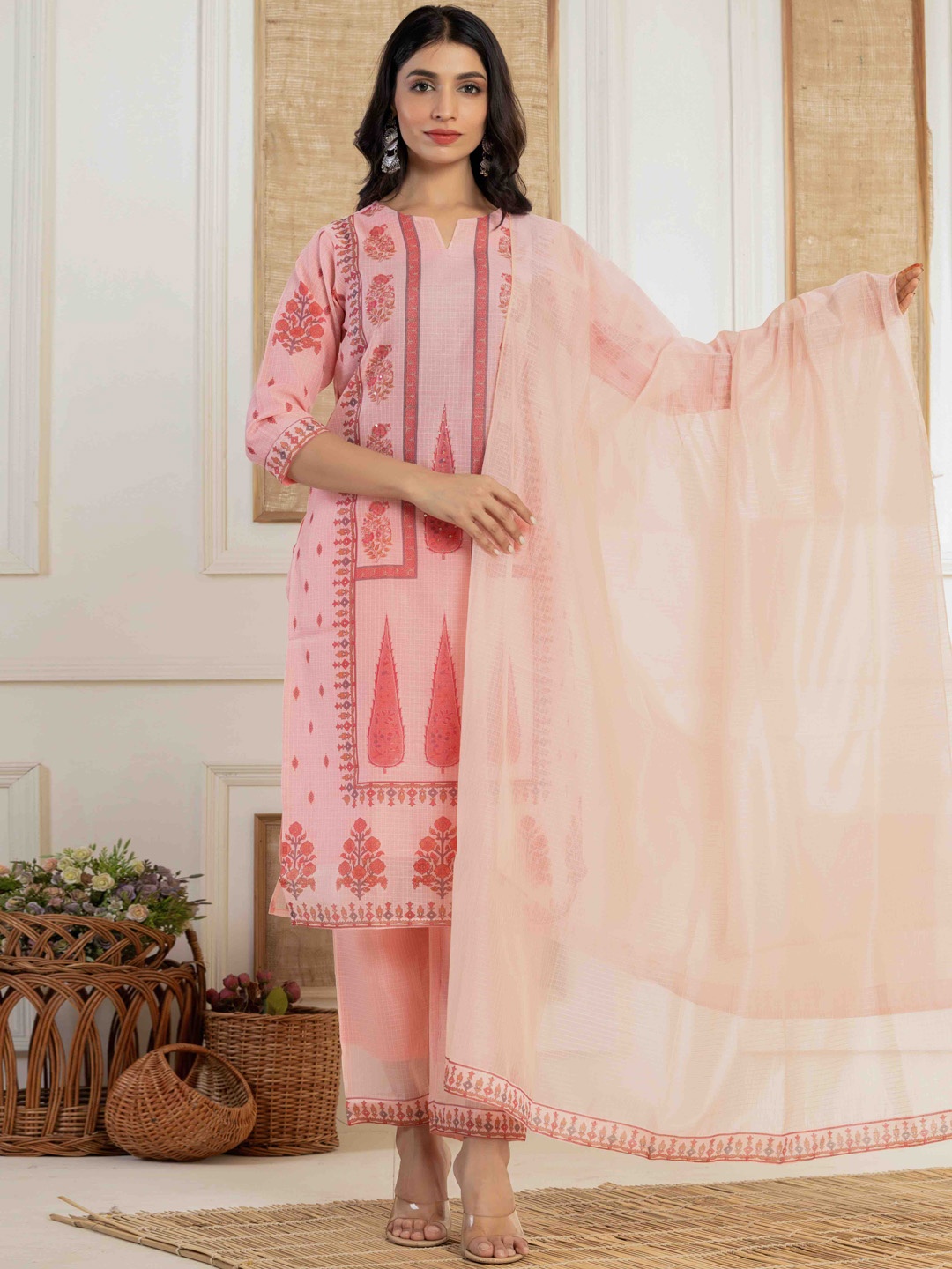 Do Dhaage Floral Printed Round Neck Calf Length Straight Kurta with Trousers & Dupatta, Peach
Do Dhaage Floral Printed Round Neck Calf Length Straight Kurta with Trousers & Dupatta, Peach