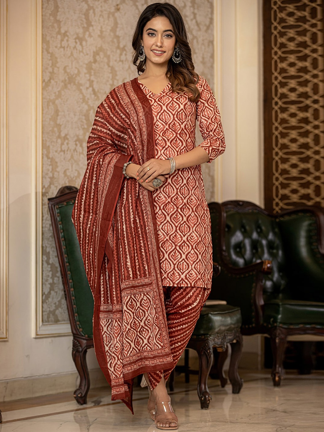 Yufta Ethnic Motifs Printed Pure Cotton Straight Kurta with Dhoti Pant & Dupatta, Rust
Yufta Ethnic Motifs Printed Pure Cotton Straight Kurta with Dhoti Pant & Dupatta, Rust