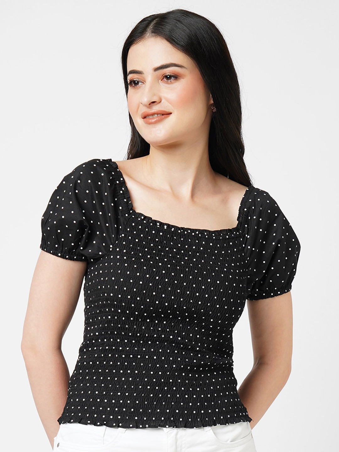 Kraus Jeans Polka Dot Printed Square Neck Puff Sleeves Smocking Detail Pure Cotton Top, Black
Kraus Jeans Polka Dot Printed Square Neck Puff Sleeves Smocking Detail Pure Cotton Top, Black