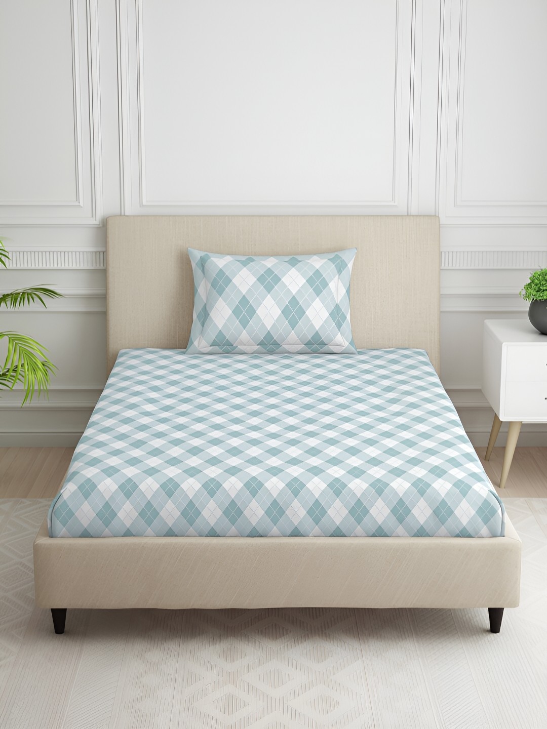 SPACES Checks Green & White Geometric Cotton 144 TC Single Bedsheet With 1 Pillow Cover
SPACES Checks Green & White Geometric Cotton 144 TC Single Bedsheet With 1 Pillow Cover