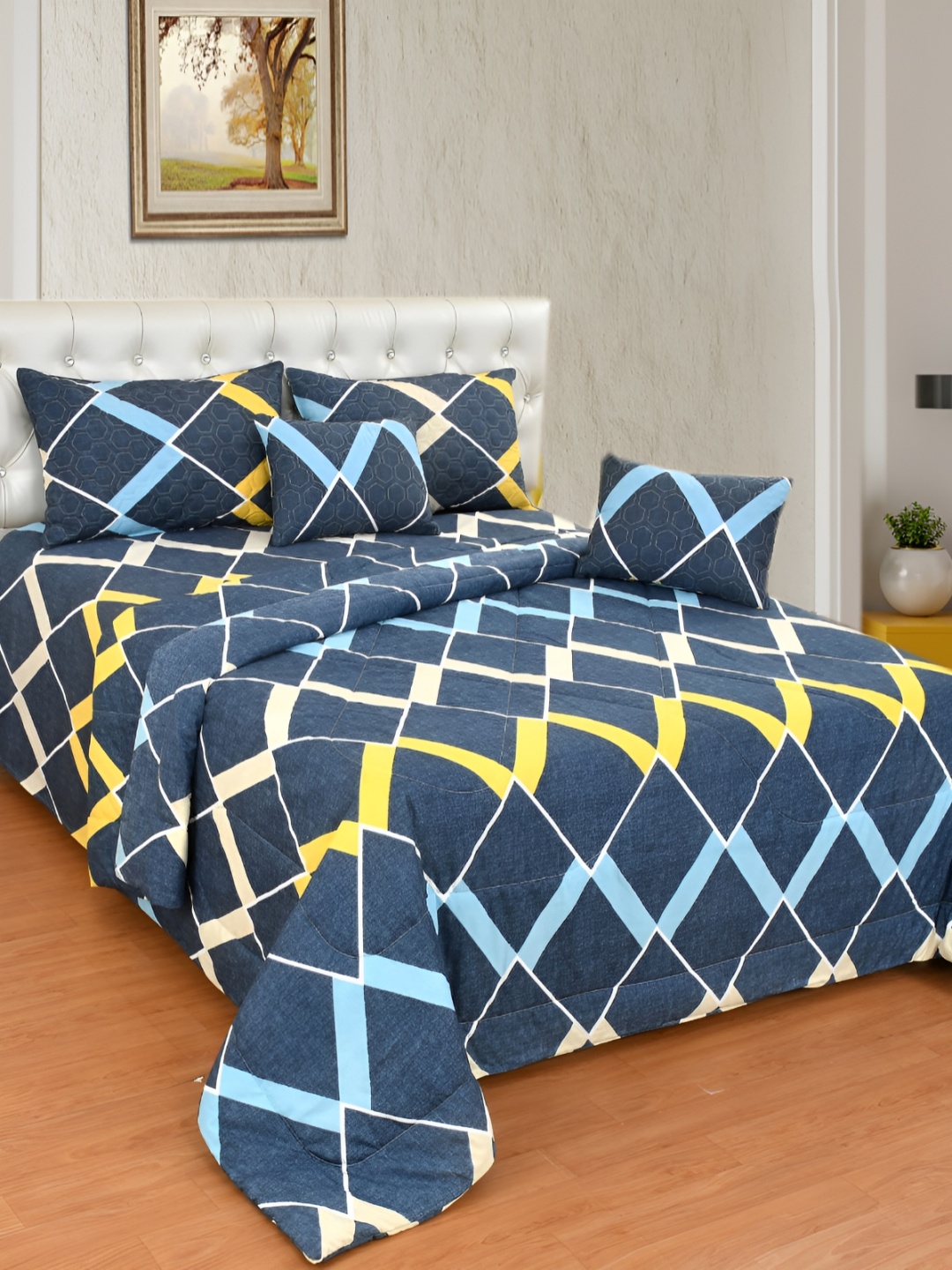 Nivasam Navy Blue & Yellow Geometric Cotton 6 Pieces Double King Superfine Bedding Set
Nivasam Navy Blue & Yellow Geometric Cotton 6 Pieces Double King Superfine Bedding Set