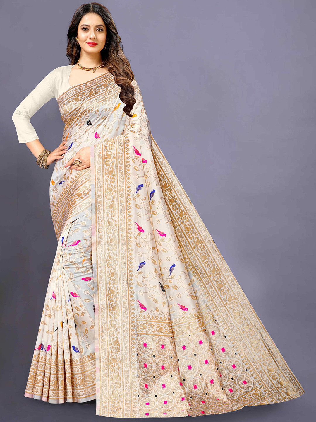 PATIALAPICKS Ethnic Motifs Woven Design Zari Pure Silk Paithani Saree, White
PATIALAPICKS Ethnic Motifs Woven Design Zari Pure Silk Paithani Saree, White