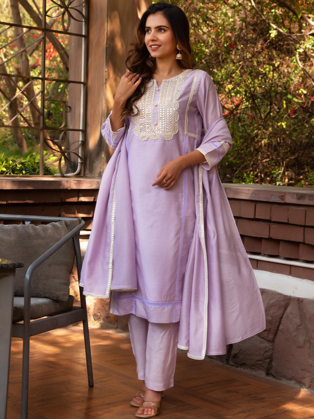 Calmna Ethnic Motifs Yoke Design Sequinned Chanderi Cotton Kurta With Trousers & Dupatta, Lavender
Calmna Ethnic Motifs Yoke Design Sequinned Chanderi Cotton Kurta With Trousers & Dupatta, Lavender