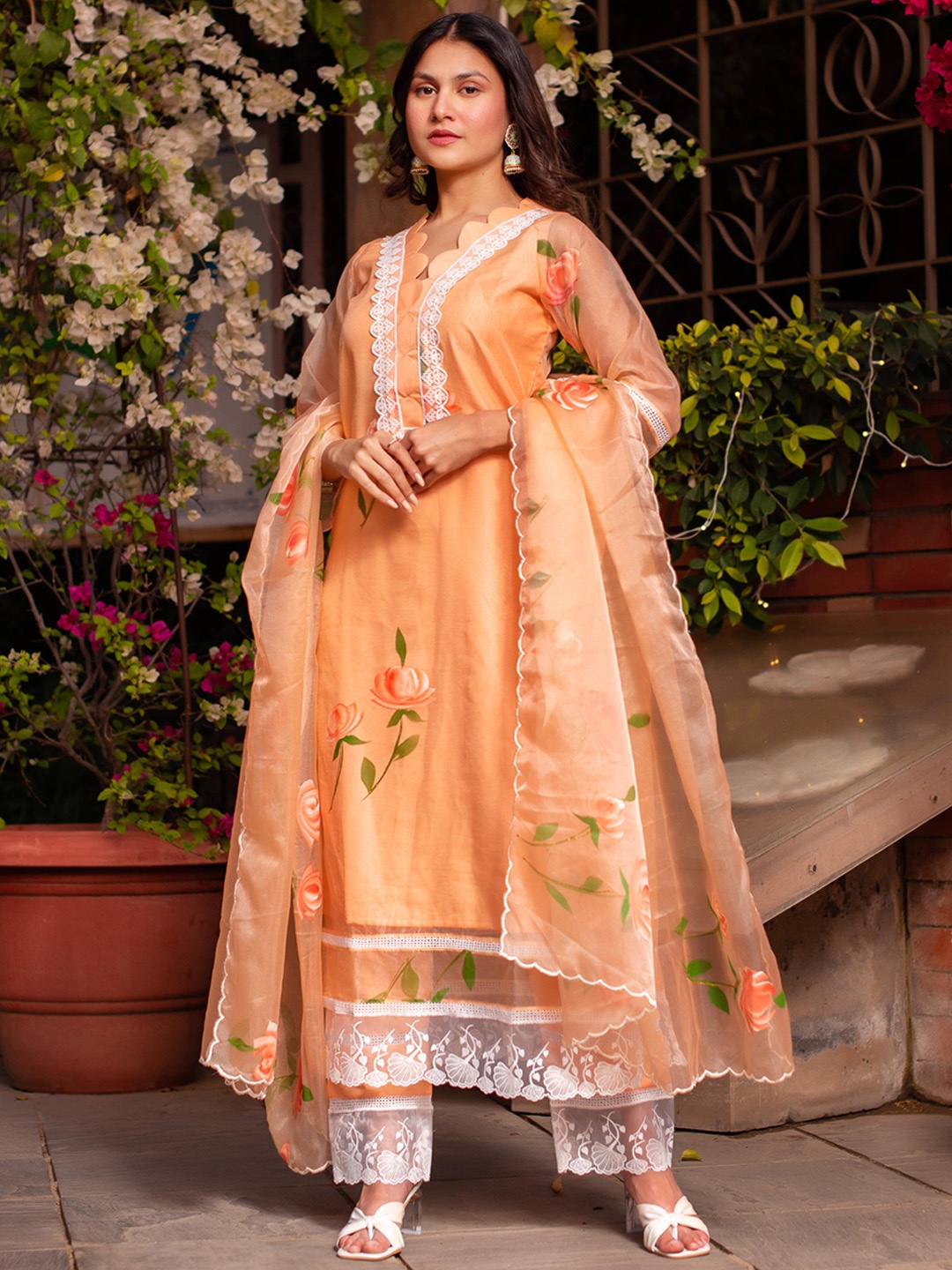 Calmna Floral Printed Organza Thread Work Straight Kurta with Trousers & Dupatta, Orange
Calmna Floral Printed Organza Thread Work Straight Kurta with Trousers & Dupatta, Orange