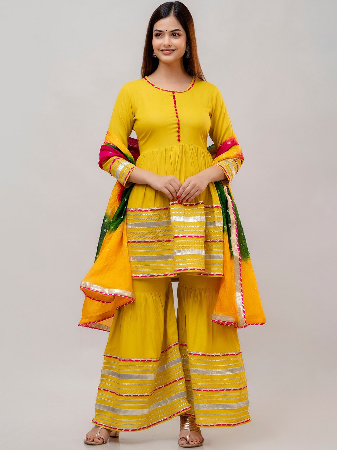 SHOOLIN Pleated Gotta Patti Pure Cotton Kurta with Sharara & With Dupatta, Yellow
SHOOLIN Pleated Gotta Patti Pure Cotton Kurta with Sharara & With Dupatta, Yellow