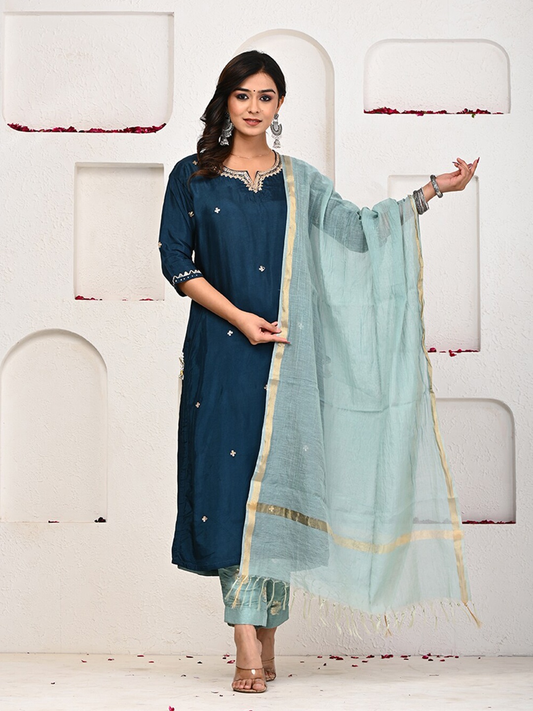 ARAVALII Embroidered Regular Sequinned Pure Silk Kurta with Trousers & With Dupatta, Blue
ARAVALII Embroidered Regular Sequinned Pure Silk Kurta with Trousers & With Dupatta, Blue