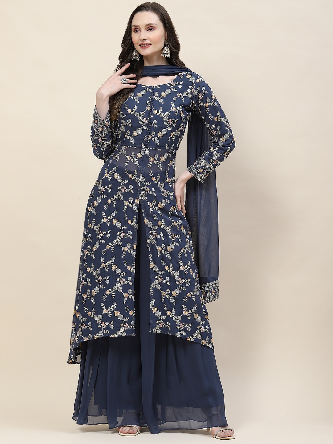 Meena Bazaar Floral Embroidered Regular Sequinned Kurta With Sharara & Dupatta, Blue
Meena Bazaar Floral Embroidered Regular Sequinned Kurta With Sharara & Dupatta, Blue