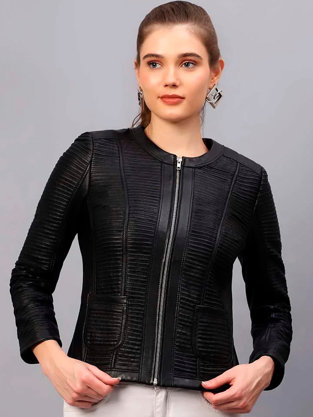 Saint G Women Washed Striped Leather Water Resistant Crop Biker Jacket, Black
Saint G Women Washed Striped Leather Water Resistant Crop Biker Jacket, Black