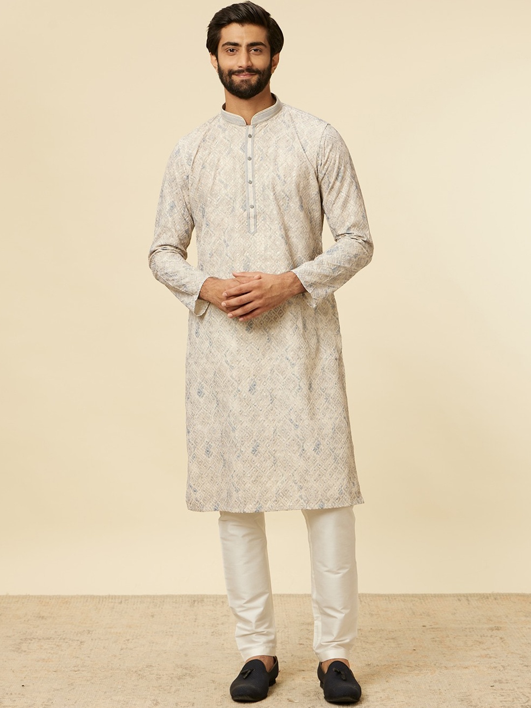 Manyavar Ethnic Motifs Embroidered Mandarin Collar Straight Kurta with Churidar, Grey
Manyavar Ethnic Motifs Embroidered Mandarin Collar Straight Kurta with Churidar, Grey
