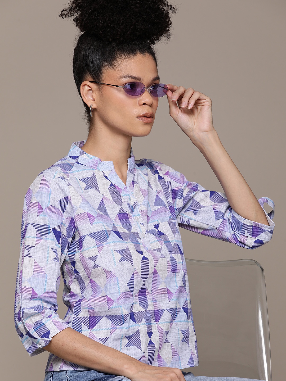 Roadster Geometric Print Mandarin Collar Roll-Up Sleeves Cotton Shirt Style Top, Blue
Roadster Geometric Print Mandarin Collar Roll-Up Sleeves Cotton Shirt Style Top, Blue