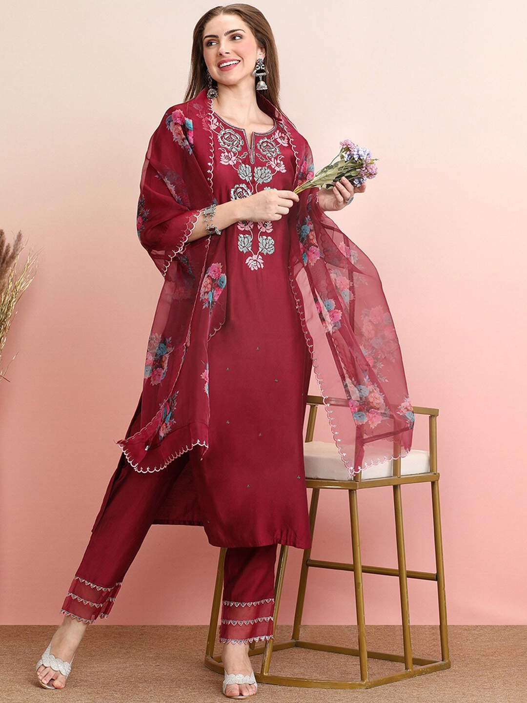 Indo Era Floral Embroidered Round Neck Straight Kurta with Trousers & Dupatta, Burgundy
Indo Era Floral Embroidered Round Neck Straight Kurta with Trousers & Dupatta, Burgundy