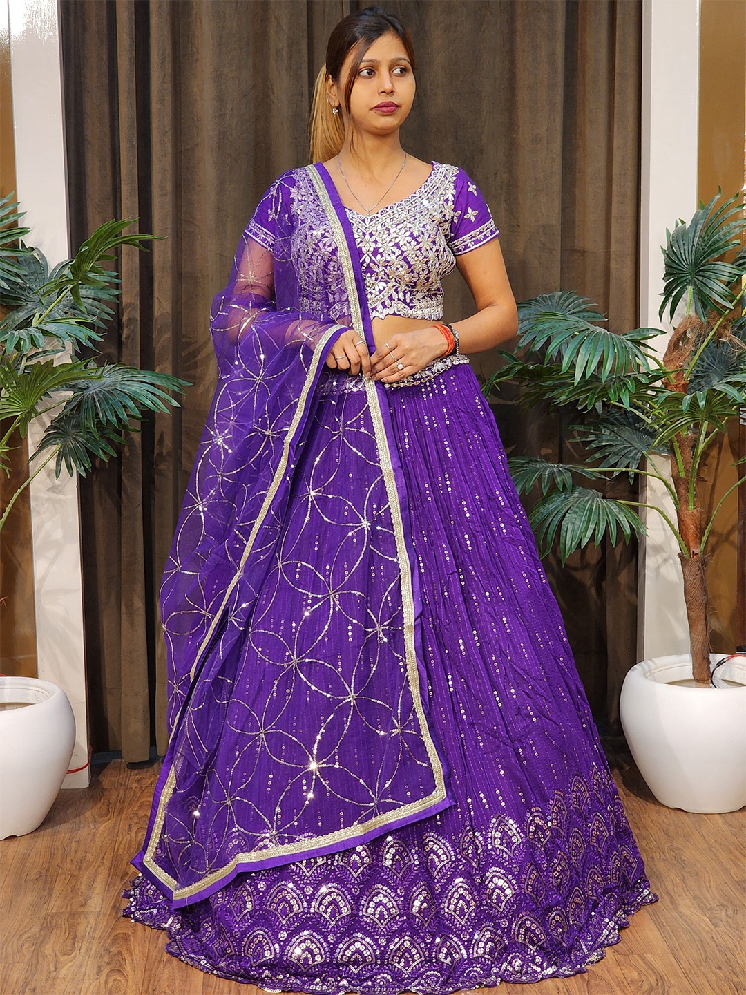Durga clothing Embellished Sequinned Ready to Wear Lehenga & Blouse With Dupatta, Purple
Durga clothing Embellished Sequinned Ready to Wear Lehenga & Blouse With Dupatta, Purple