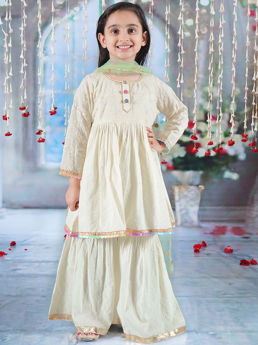 Little Bansi Girls Round Neck Pure Cotton A-Line Kurta with Pyjamas & With Dupatta, Cream
Little Bansi Girls Round Neck Pure Cotton A-Line Kurta with Pyjamas & With Dupatta, Cream