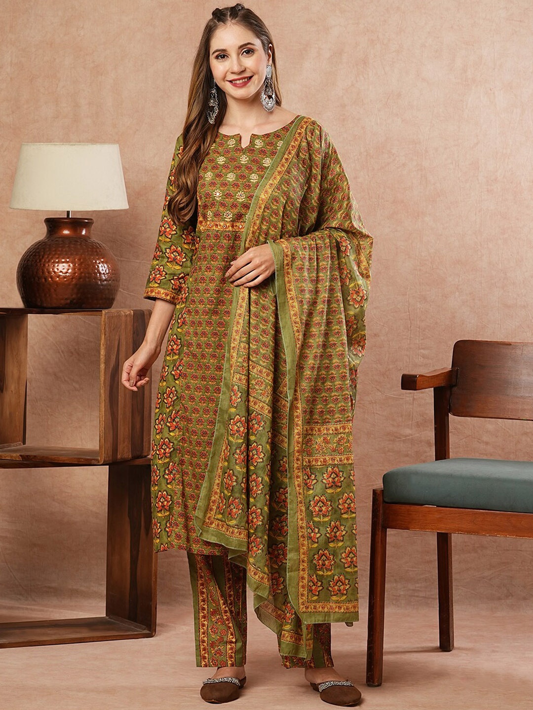 FASHOR Floral Printed Mirror Work Pure Cotton Straight Kurta With Trousers & Dupatta, Olive
FASHOR Floral Printed Mirror Work Pure Cotton Straight Kurta With Trousers & Dupatta, Olive