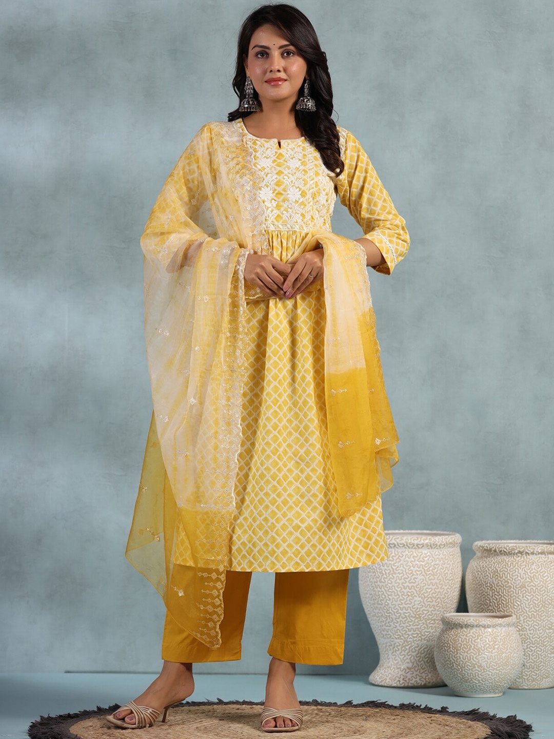 KALINI Floral Embroidered Empire Pure Cotton Straight Kurta with Trousers & Dupatta, Yellow
KALINI Floral Embroidered Empire Pure Cotton Straight Kurta with Trousers & Dupatta, Yellow