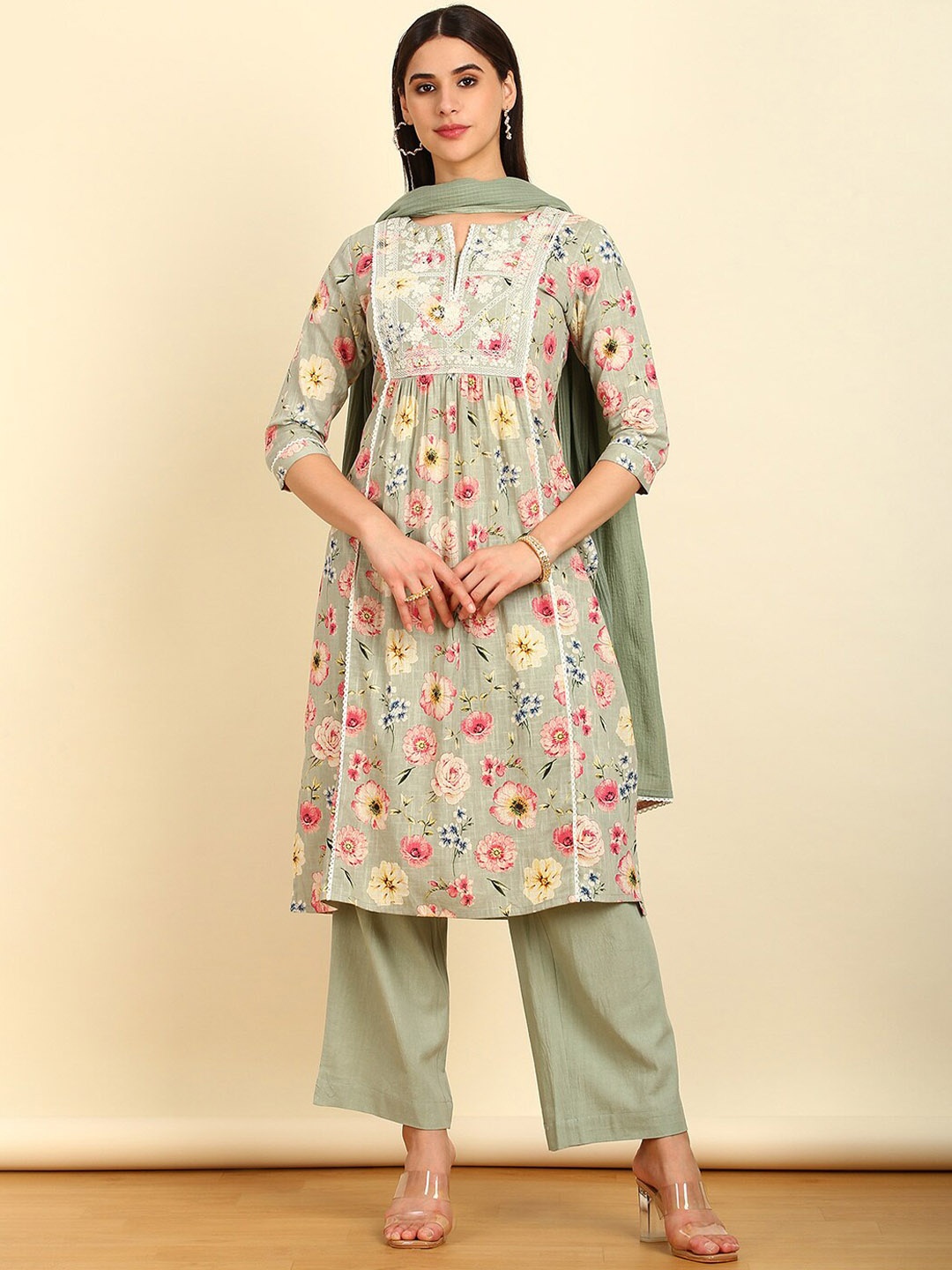 Soch Floral Printed Pleated Thread Work Pure Cotton Kurta With Trousers & Dupatta, Green
Soch Floral Printed Pleated Thread Work Pure Cotton Kurta With Trousers & Dupatta, Green