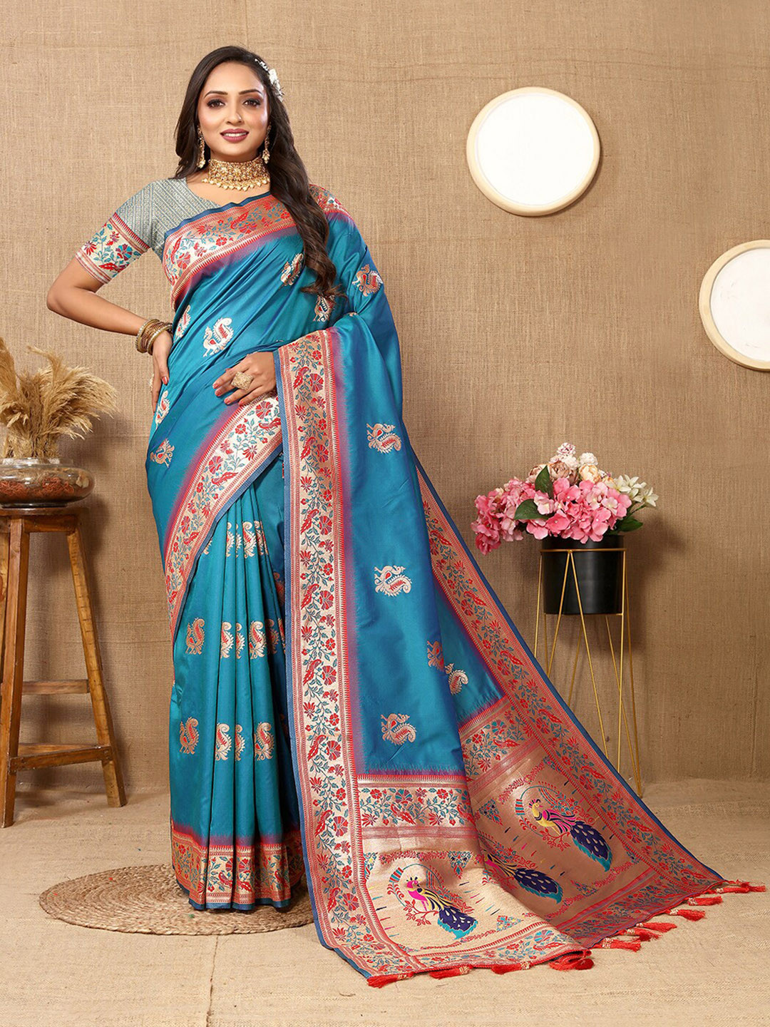 Lookslady Ethnic Motifs Woven Design Zari Pure Silk Paithani Saree, Turquoise blue
Lookslady Ethnic Motifs Woven Design Zari Pure Silk Paithani Saree, Turquoise blue