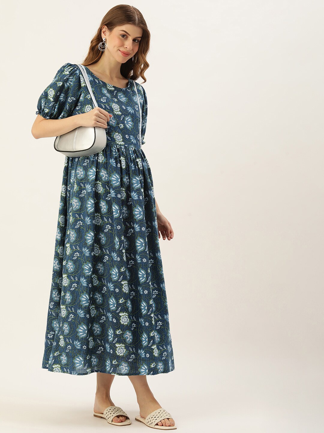 Vinya Floral Printed Puff Sleeves Gathered Cotton Maxi Maternity Dress, Turquoise blue
Vinya Floral Printed Puff Sleeves Gathered Cotton Maxi Maternity Dress, Turquoise blue