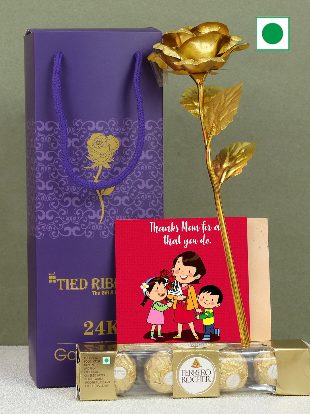 TIED RIBBONS Set Of 3 Mothers Day Rose & Card with Ferrero Rocher Chocolate Gift Hamper, Gold
TIED RIBBONS Set Of 3 Mothers Day Rose & Card with Ferrero Rocher Chocolate Gift Hamper, Gold