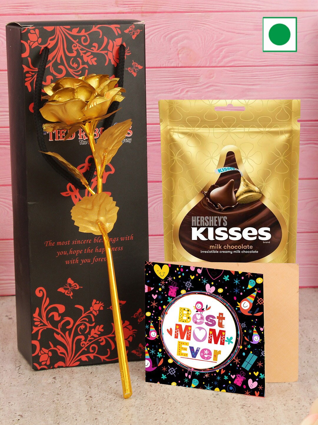 TIED RIBBONS Set Of 3 Mothers Day Rose & Card with Hersheys Kisses Chocolate Gift Hamper, Gold
TIED RIBBONS Set Of 3 Mothers Day Rose & Card with Hersheys Kisses Chocolate Gift Hamper, Gold