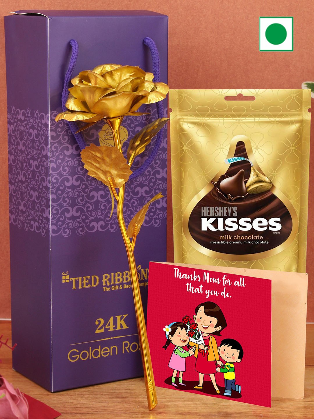 TIED RIBBONS Set Of 3 Mothers Day Rose & Card with Hersheys Kisses Chocolate Gift Hamper, Gold
TIED RIBBONS Set Of 3 Mothers Day Rose & Card with Hersheys Kisses Chocolate Gift Hamper, Gold