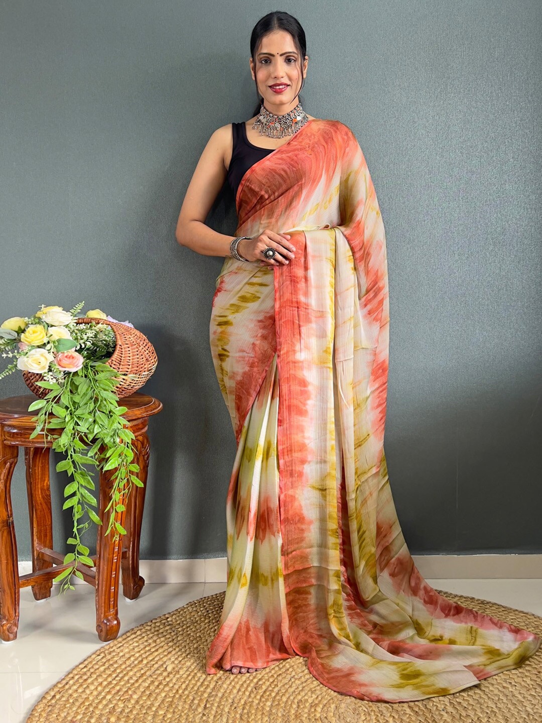 KALINI Tie and Dye Saree, Beige