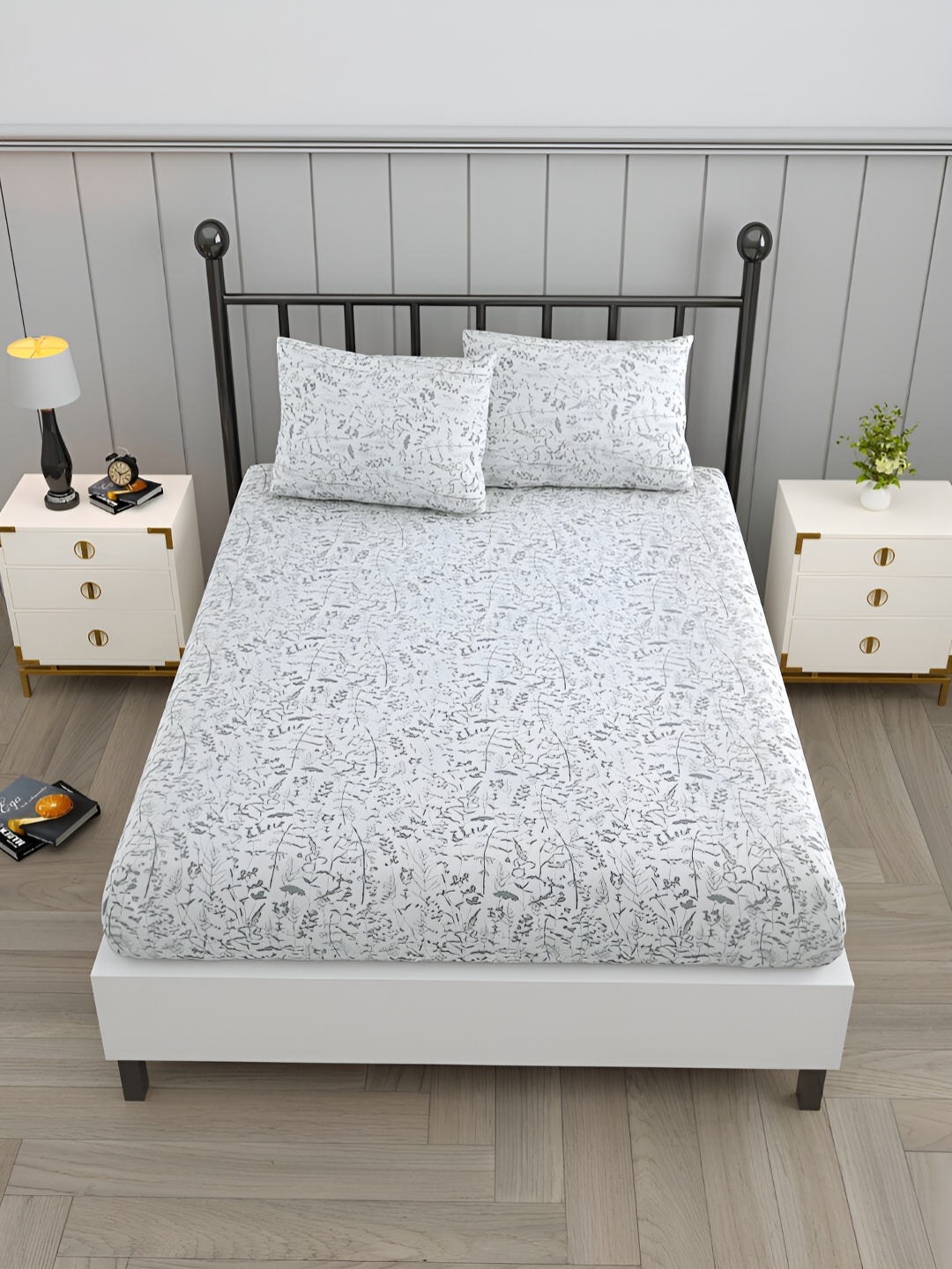 EverHOME White & Grey Floral 160 TC Queen Bedsheet with 2 Pillow Covers