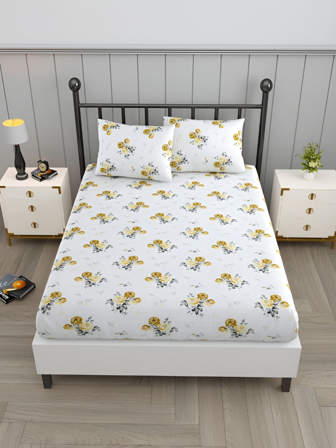 EverHOME White & Mustard Floral 160 TC Queen Bedsheet with 2 Pillow Covers