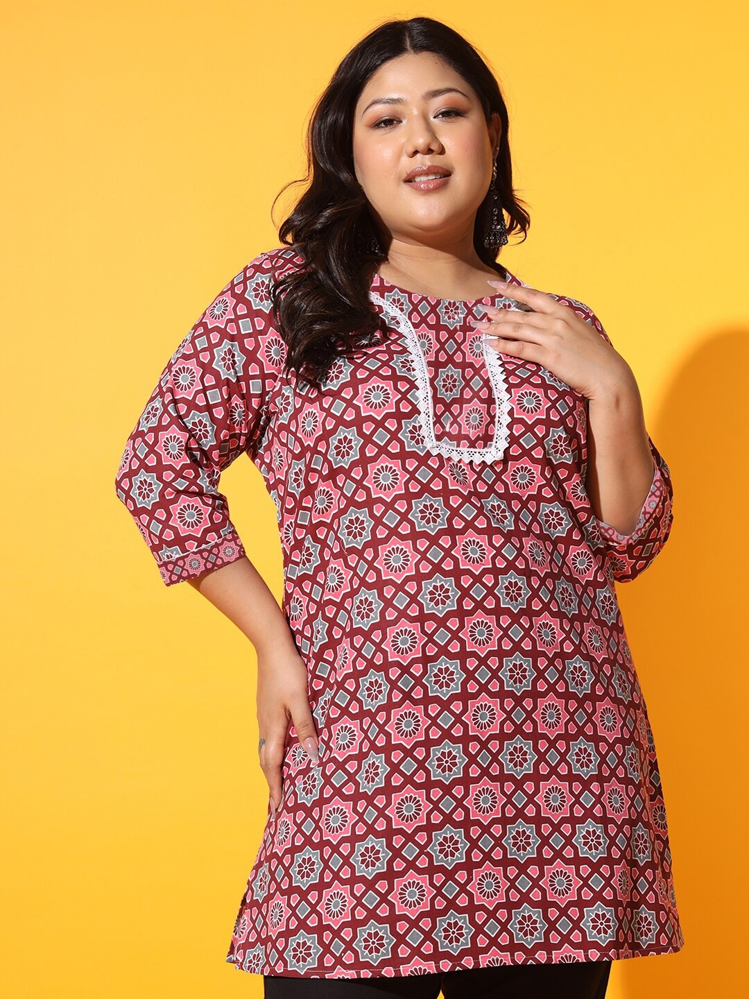AUSTIVO Plus Size Ethnic Motif Printed Round Neck Three-Quarter Sleeves Kurti, Maroon
AUSTIVO Plus Size Ethnic Motif Printed Round Neck Three-Quarter Sleeves Kurti, Maroon