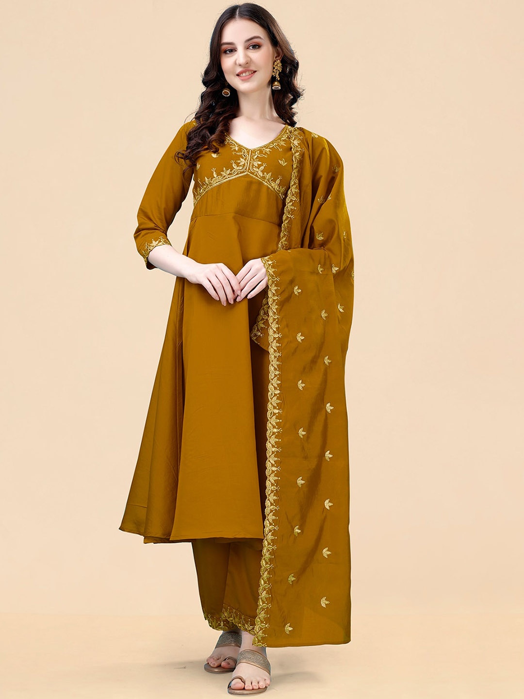 KALINI Ethnic Motifs Embroidered V-Neck Anarkali Kurta with Palazzos & With Dupatta, Yellow
KALINI Ethnic Motifs Embroidered V-Neck Anarkali Kurta with Palazzos & With Dupatta, Yellow