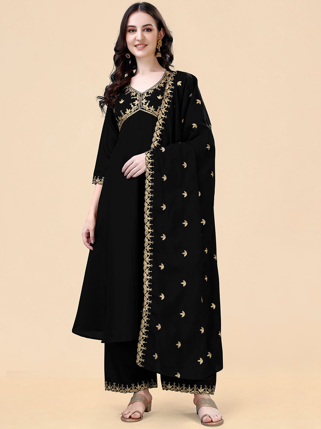 KALINI Ethnic Motifs Embroidered Thread Work A-Line Kurta with Palazzos & Dupatta, Black
KALINI Ethnic Motifs Embroidered Thread Work A-Line Kurta with Palazzos & Dupatta, Black