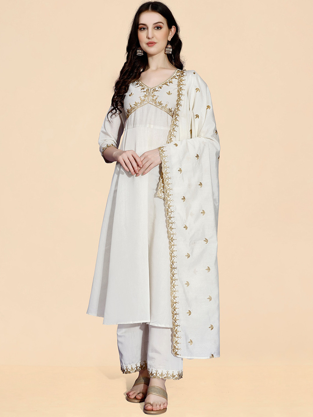 KALINI Women Ethnic Motifs Embroidered V-Neck Anarkali Kurta with Palazzos & Dupatta, White
KALINI Women Ethnic Motifs Embroidered V-Neck Anarkali Kurta with Palazzos & Dupatta, White