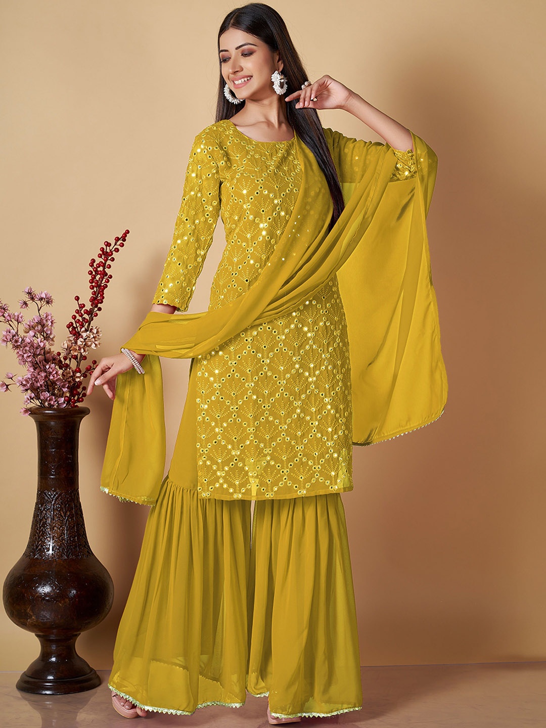 BERISTON Floral Embroidered Regular Mirror Work Kurta With Sharara & Dupatta, Yellow
BERISTON Floral Embroidered Regular Mirror Work Kurta With Sharara & Dupatta, Yellow