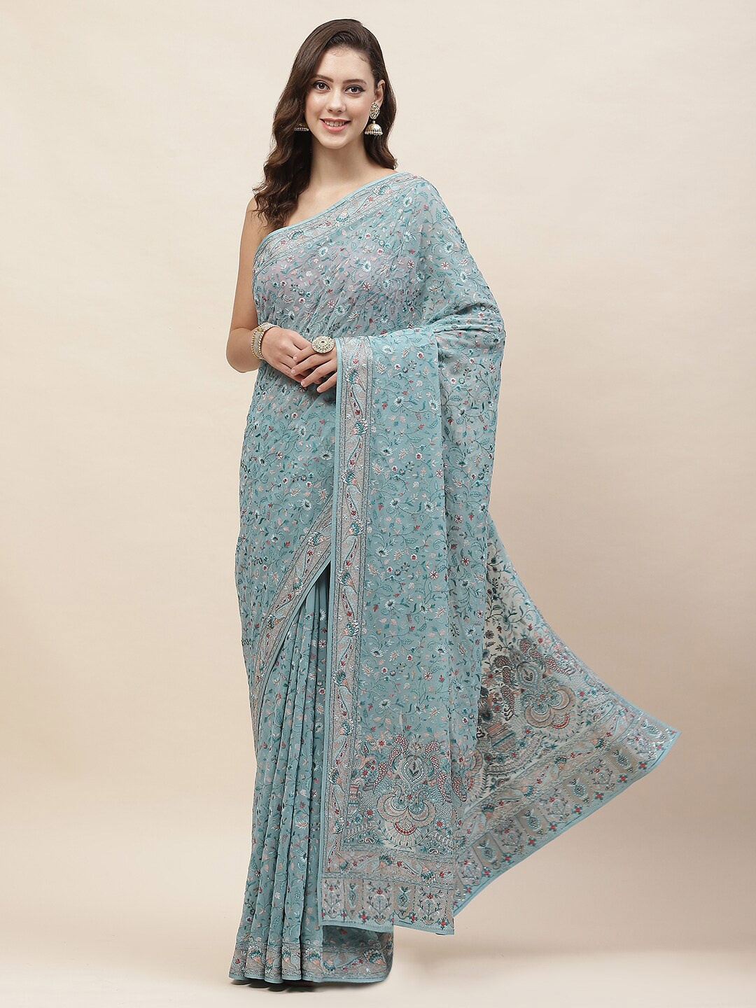Meena Bazaar Floral Embroidered Saree, Blue
