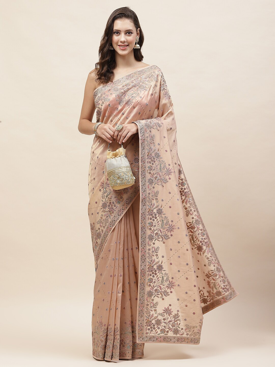 Meena Bazaar Floral Tissue Saree, Peach