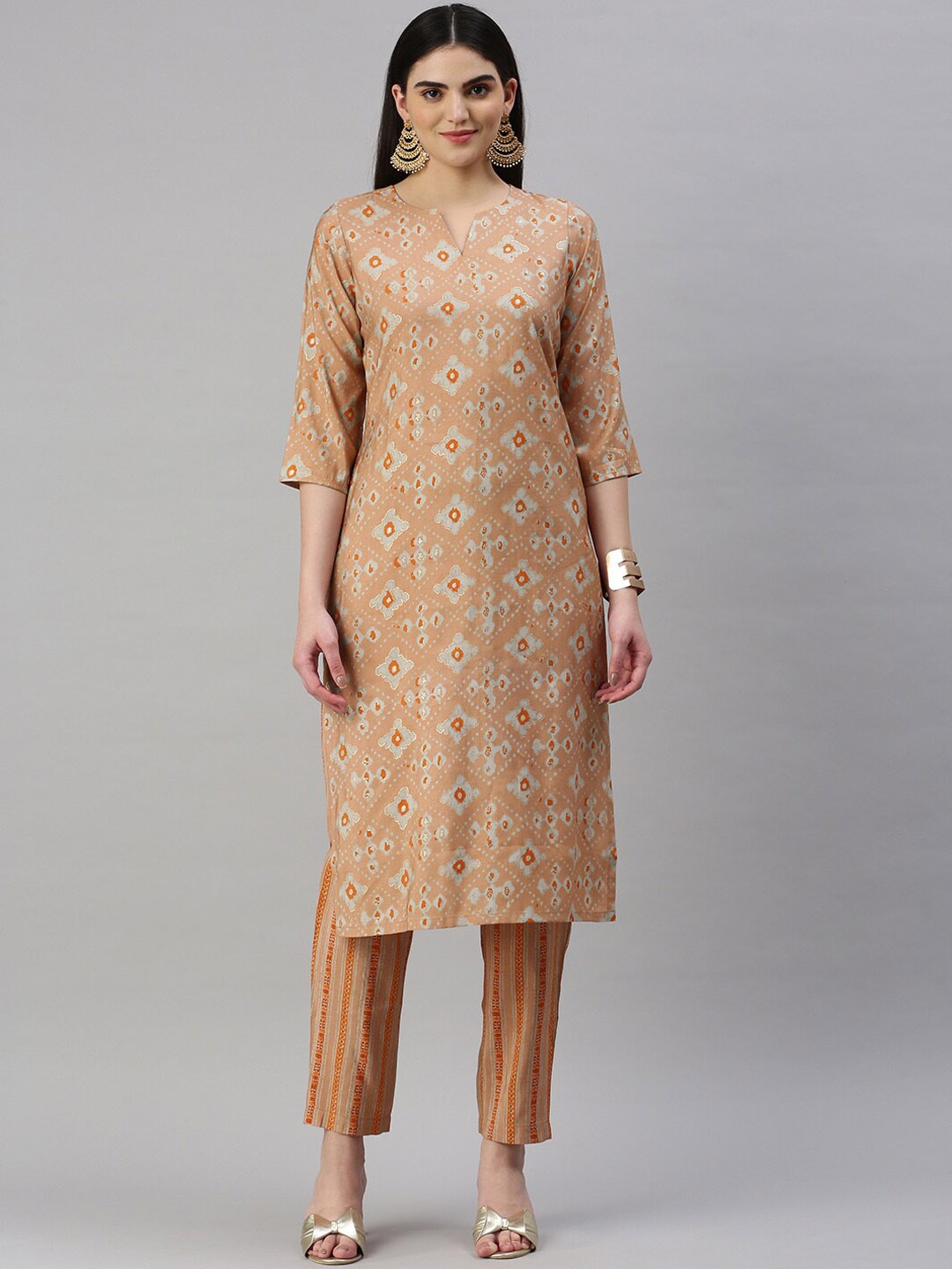 KALINI Ethnic Motifs Printed Straight Chanderi Cotton Kurta with Trousers, Peach
KALINI Ethnic Motifs Printed Straight Chanderi Cotton Kurta with Trousers, Peach