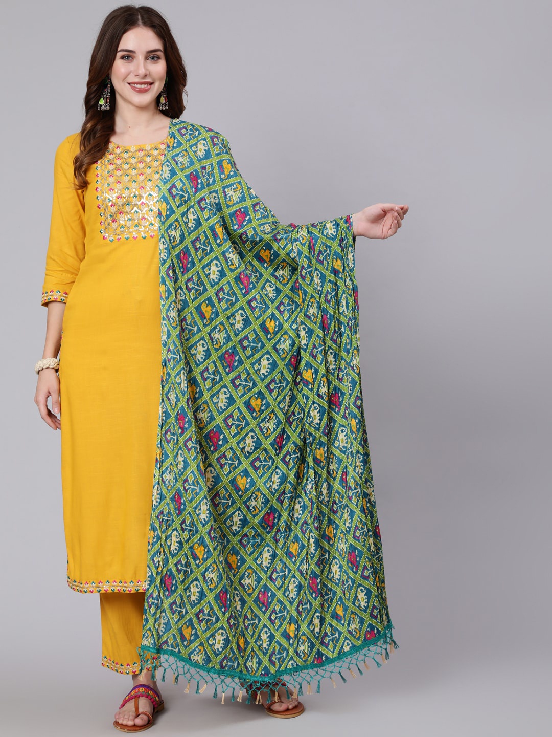 GULMOHAR JAIPUR Geometric Embroidered Flared Round Neck Pure Cotton Anarkali Kurta Set, Mustard
GULMOHAR JAIPUR Geometric Embroidered Flared Round Neck Pure Cotton Anarkali Kurta Set, Mustard