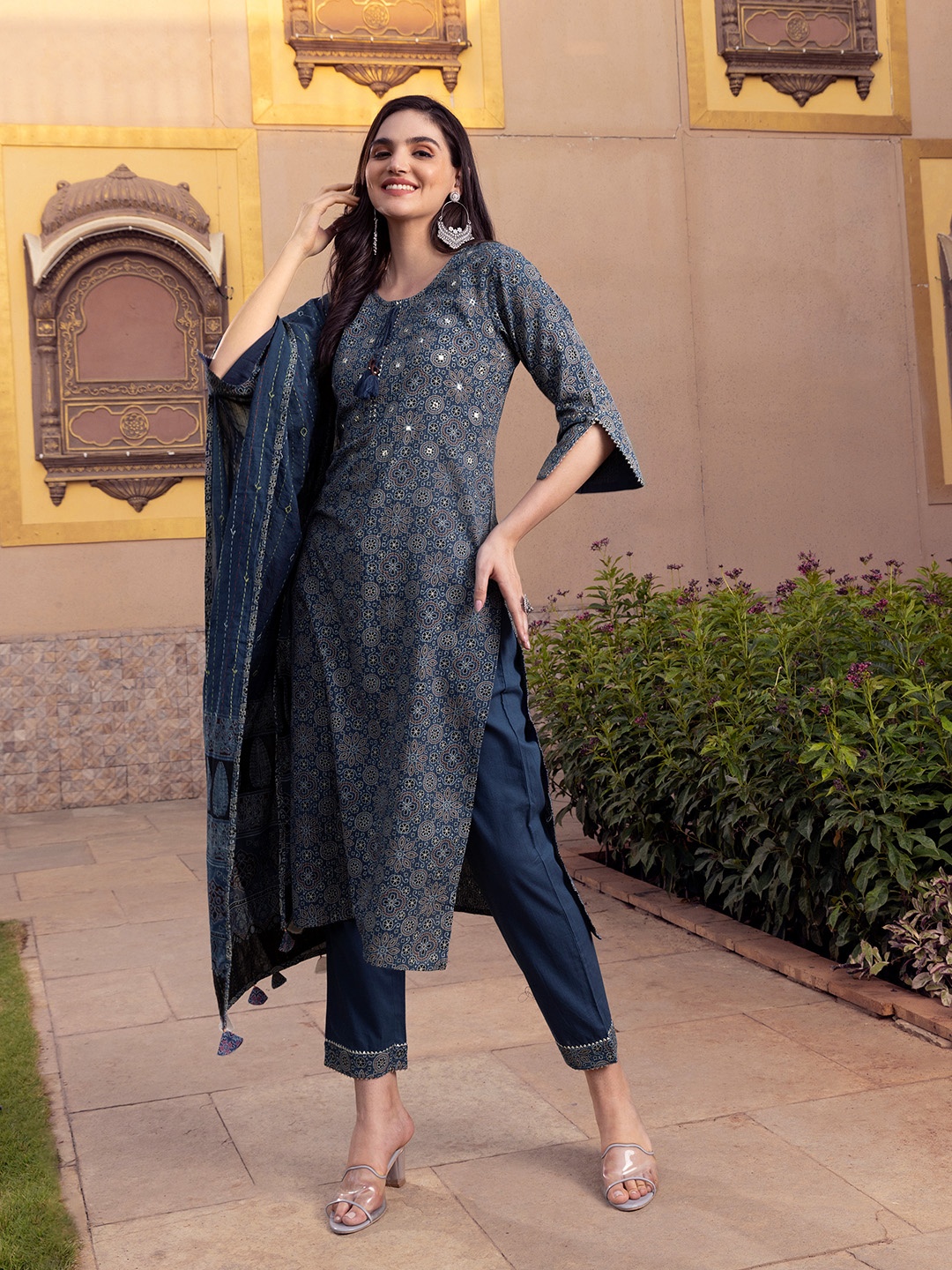 Ishin Ajrakh Print Inspired Tie-up Kurta With Trouser & Dupatta, Blue
Ishin Ajrakh Print Inspired Tie-up Kurta With Trouser & Dupatta, Blue