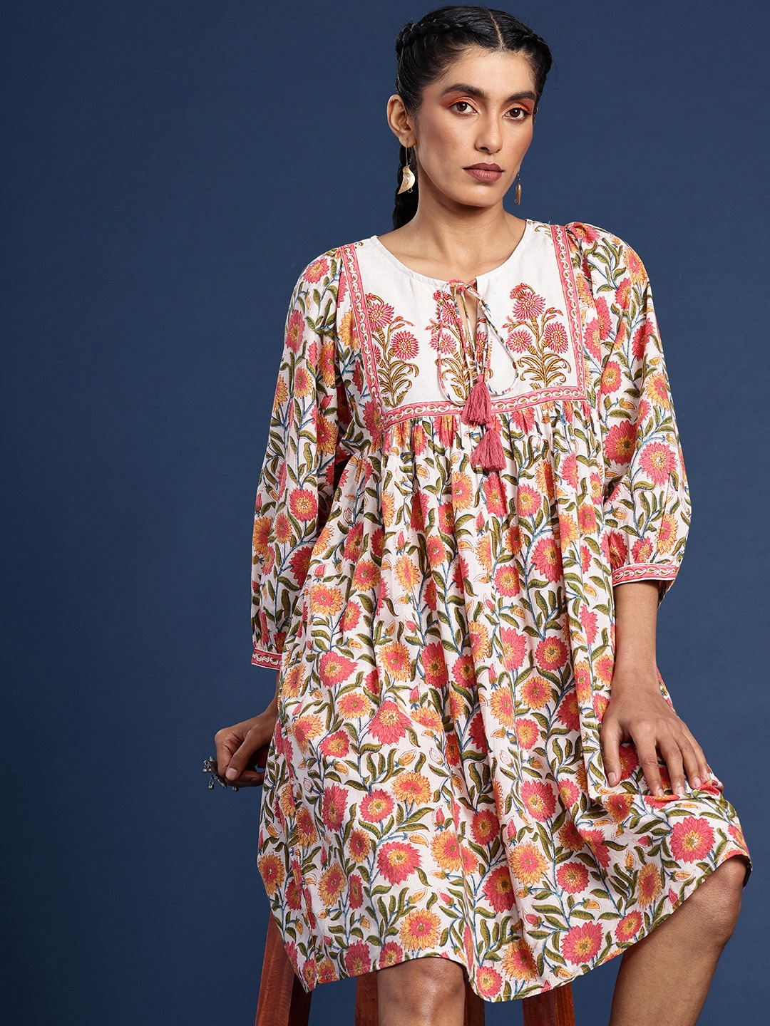 Taavi Printed Keyhole Neck Gathered Pure Cotton A-Line Sanganeri Folk Ethnic Dresses, White
Taavi Printed Keyhole Neck Gathered Pure Cotton A-Line Sanganeri Folk Ethnic Dresses, White