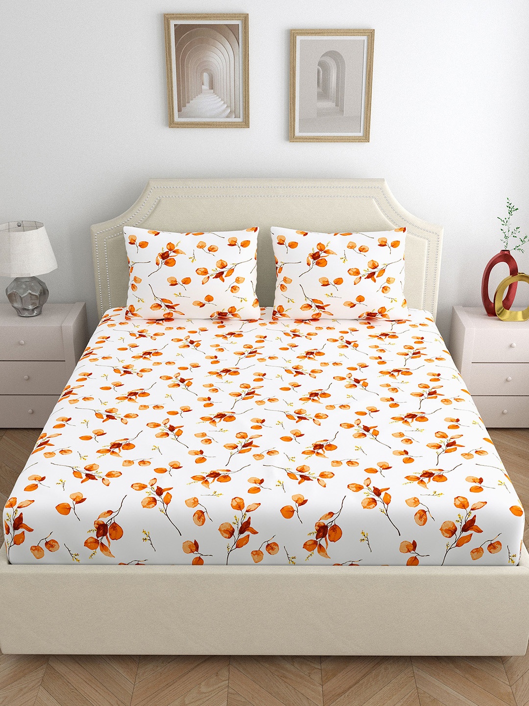 Home Ecstasy White & Orange Floral 140 TC Cotton Fitted King Bedsheet with 2 Pillow Covers
Home Ecstasy White & Orange Floral 140 TC Cotton Fitted King Bedsheet with 2 Pillow Covers