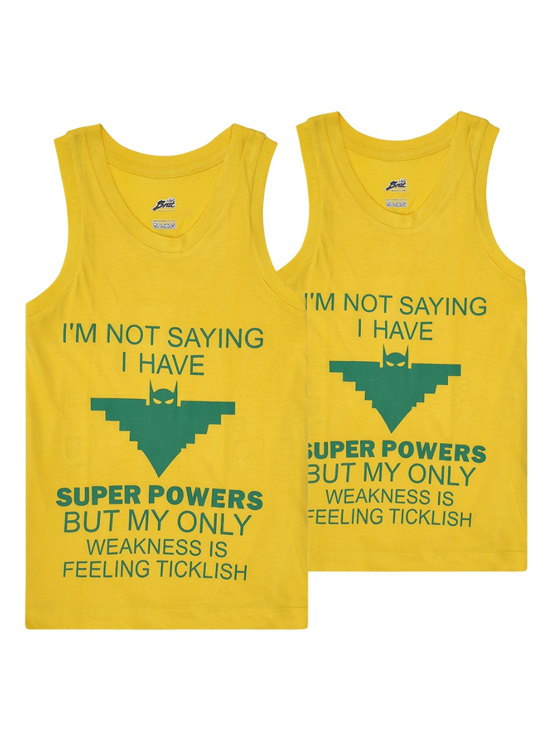 BRAT Boys Pack of 2 Printed Bio Wash Cotton Innerwear Vests BR-BI-VS-CV002-10P-YL-6-PO2, Yellow
BRAT Boys Pack of 2 Printed Bio Wash Cotton Innerwear Vests BR-BI-VS-CV002-10P-YL-6-PO2, Yellow