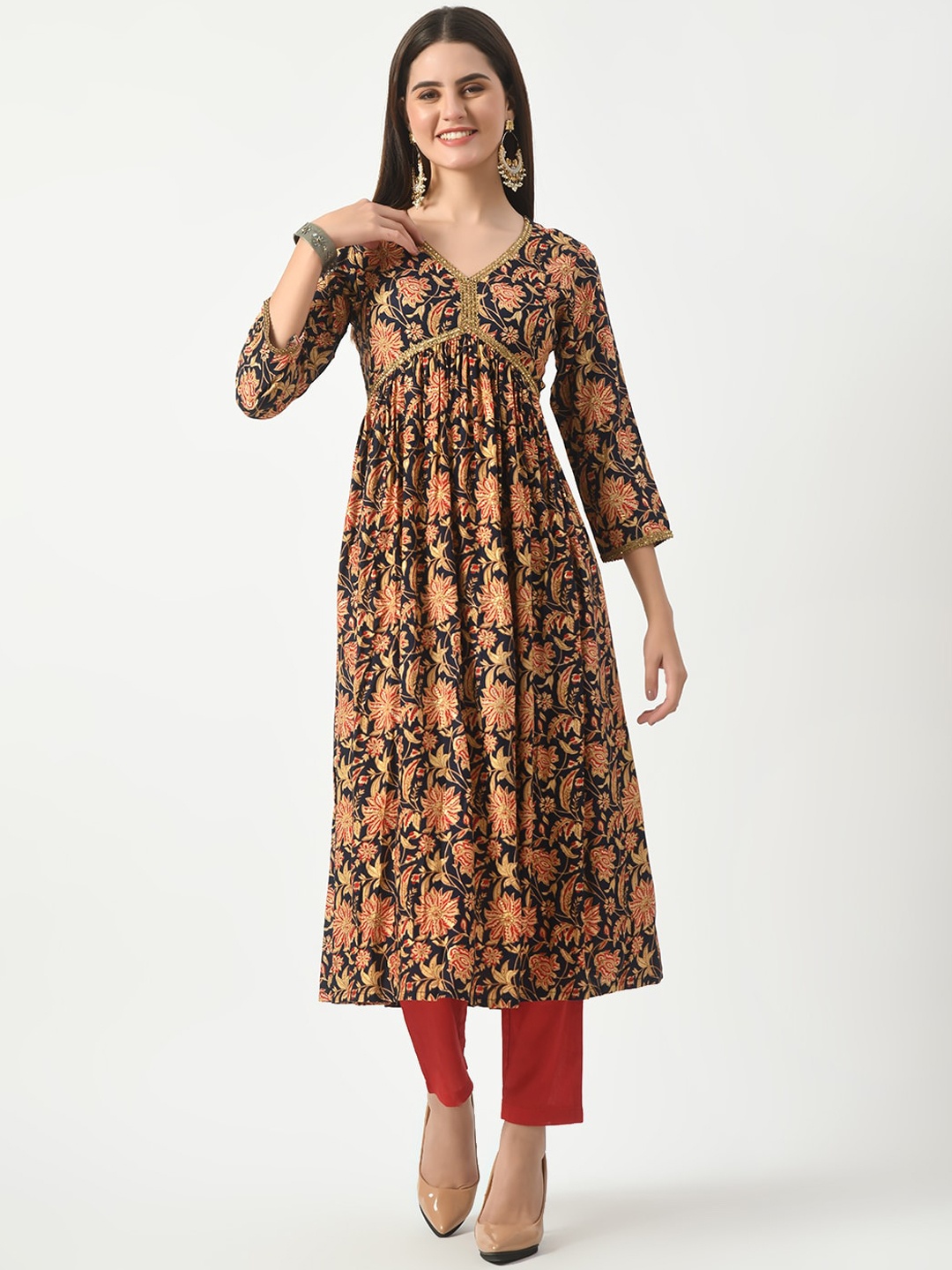 KALINI Floral Printed V-Neck Three-Quarter Sleeves Anarkali Kurta with Trousers, Blue
KALINI Floral Printed V-Neck Three-Quarter Sleeves Anarkali Kurta with Trousers, Blue