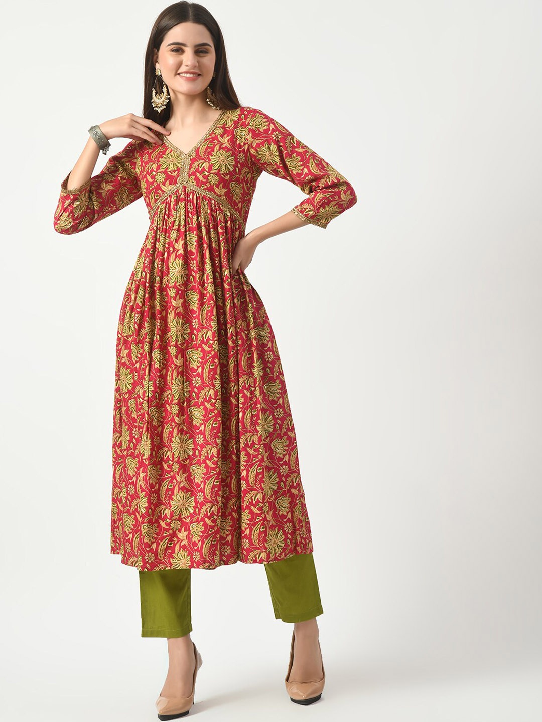 KALINI Floral Printed V-Neck Three-Quarter Sleeves Sequinned Kurta with Trousers, Pink
KALINI Floral Printed V-Neck Three-Quarter Sleeves Sequinned Kurta with Trousers, Pink