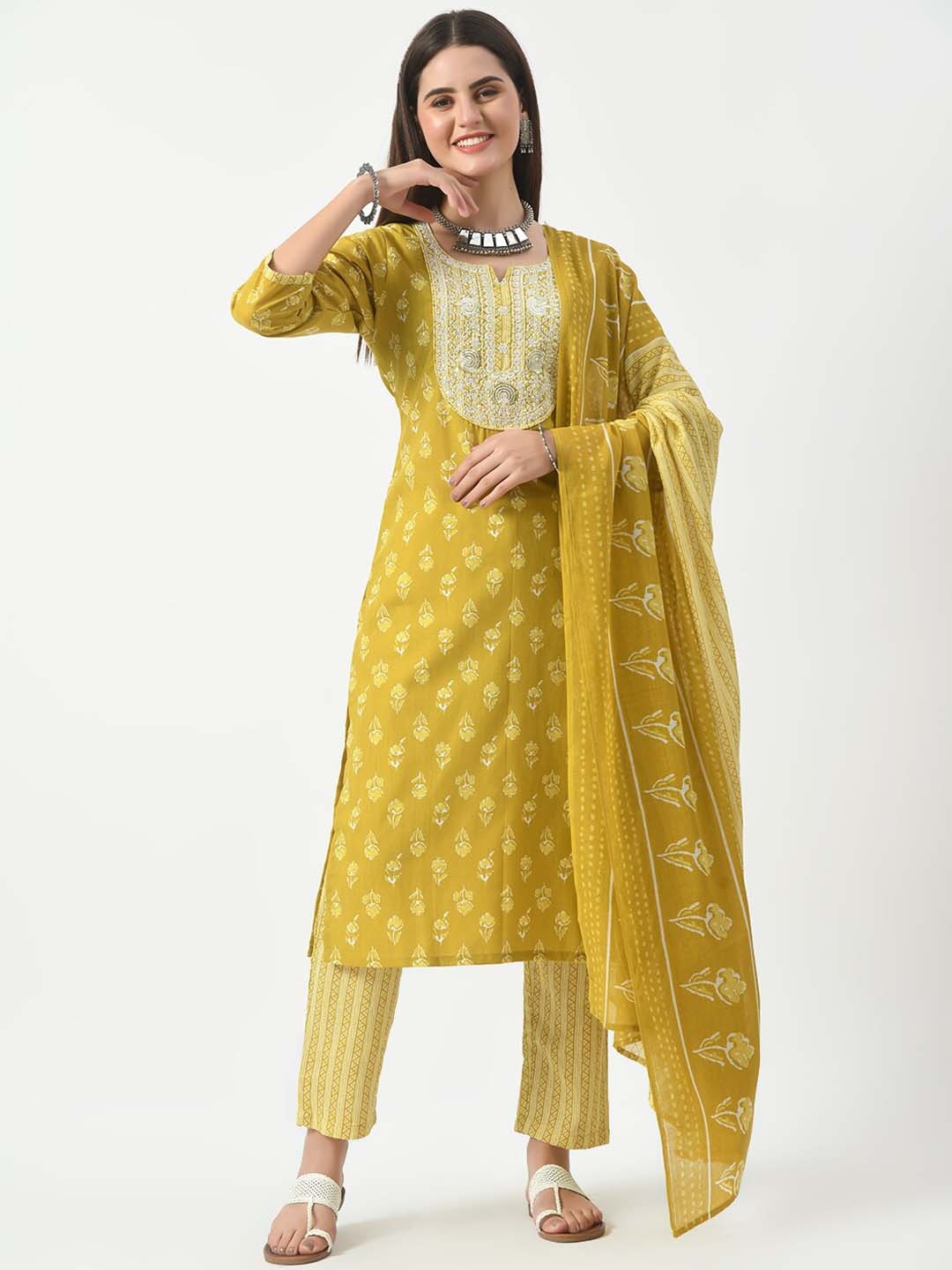 KALINI Floral Printed Round Neck Three-Quarter Sleeves Pure Cotton Kurta Set, Mustard
KALINI Floral Printed Round Neck Three-Quarter Sleeves Pure Cotton Kurta Set, Mustard